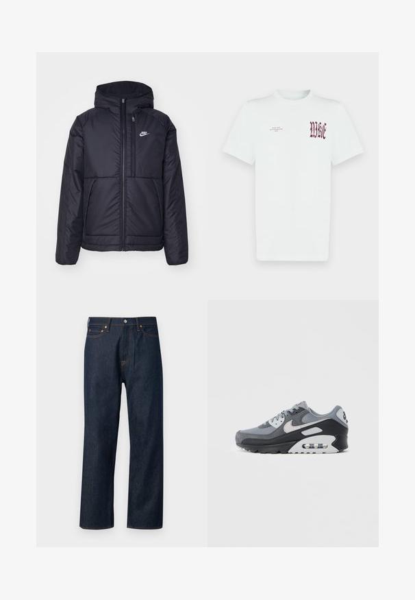 Black, padded Nike jacket with a front zipper and hood. Features a white logo on the left chest and dual front pockets. Smooth exterior texture.; White cotton t-shirt featuring red "NIKE" graphic and text on the left chest. Short sleeves and crew neck design, smooth texture.; Abercrombie & Fitch BAGGY RAW - Baggy Jeans - blue denim; Gray sneaker featuring a mix of mesh and suede materials, with a black sole and visible air unit. Notable light gray accents and laces.