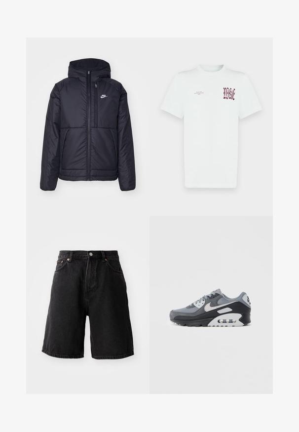 Veste Nike noire rembourrée avec une fermeture éclair sur le devant et une capuche. Elle présente un logo blanc sur la poitrine gauche et deux poches avant. Texture extérieure lisse.; T-shirt en coton blanc avec un graphique rouge "NIKE" et un texte sur le côté gauche de la poitrine. Manches courtes et col rond, texture lisse.; Shorts en denim noir à coupe loose, avec des accessoires en cuivre, cinq poches et un ourlet droit. Le tissu a une surface douce et texturée.; Baskets grises avec une combinaison de mesh et de daim, semelle noire et unité d'air visible. Accents gris clair et lacets notables.