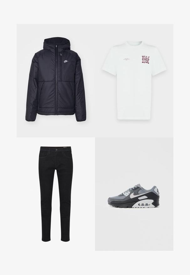 Chaqueta acolchada negra de Nike con cremallera frontal y capucha. Presenta un logo blanco en el lado izquierdo del pecho y dos bolsillos frontales. Textura exterior suave.; Camiseta de algodón blanca con un gráfico y texto rojo "NIKE" en el pecho izquierdo. Mangas cortas y diseño de cuello redondo, textura suave.; Los vaqueros de mezclilla negros presentan un diseño ajustado con cinco bolsillos, un cierre de botón estándar y una textura sutil para mayor durabilidad.; Zapatilla gris que combina materiales de malla y gamuza, con una suela negra y unidad de aire visible. Destacan los acentos en gris claro y los cordones.