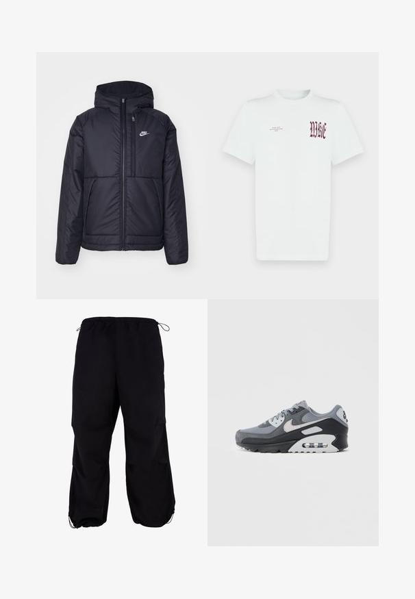 Crna Nike jakna s podstavom, dugmadi sprijeda i kapuljačom. Ima bijeli logotip na lijevoj strani prsnog koša i dva prednja džepa. Glatka vanjska tekstura.; Bijela pamučna majica kratkih rukava s crvenim natpisom "NIKE" i grafikom na lijevoj strani prsa. Dizajn s okruglim izrezom i glatkom teksturom.; Crne, široke cargo hlače s elastičnim pojasom i podesivom uzicom. Sadrže džepove sa zatvaračem i čarape za gležnjeve.; Sivi tenis s mješavinom mrežastih i brušenih materijala, s crnim potplatom i vidljivom zračnom jedinicom. Primjetni svijetlosivi detalji i vezice.