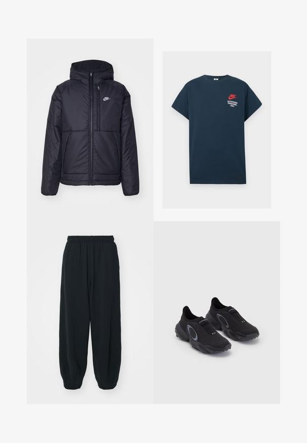 Crna Nike jakna s podstavom, dugmadi sprijeda i kapuljačom. Ima bijeli logotip na lijevoj strani prsnog koša i dva prednja džepa. Glatka vanjska tekstura.; Tamno plavi pamučni majica s kratkim rukavima. Sadrži crveni Nike logo i bijeli natpis "SAMO OBLASTI OSOBLJE" na lijevom prsnom dijelu.; Crne, dukserice s elastičnim strukom, širokog kroja, s manžetama na gležnjevima, glatke teksture i bez vidljivih uzoraka ili metalnih detalja.; Crne slip-on tenisice s teksturiranim gornjim dijelom i gumenim potplatom. Imaju sivi kružni akcent i elastični remen preko instep-a za dobar fit.