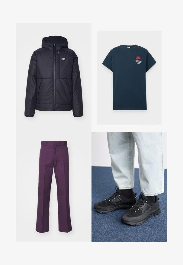 Crna Nike jakna s podstavom, dugmadi sprijeda i kapuljačom. Ima bijeli logotip na lijevoj strani prsnog koša i dva prednja džepa. Glatka vanjska tekstura.; Tamno plavi pamučni majica s kratkim rukavima. Sadrži crveni Nike logo i bijeli natpis "SAMO OBLASTI OSOBLJE" na lijevom prsnom dijelu.; Ljubičaste široke hlače napravljene od čvrstog pamučnog materijala s ravnim prednjim dijelom, petljama za remen i krojenim naborima za strukturiran izgled.; Crne atletske cipele s teksturiranom tkaninom i gumene potplate, s elastičnim vezicama i plavim akcentom na peti. Nosene su s svijetlim trapericama.