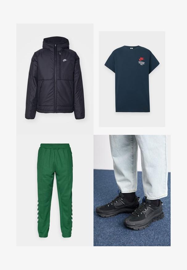 Černá zateplená bunda Nike s předním zipem a kapucí. Na levé straně hrudi má bílé logo a dvojité přední kapsy. Hladký povrch.; Námořnicky modré bavlněné tričko s krátkým rukávem. Na levé straně hrudi se nachází červené logo Nike a bílé písmo "POUZE PRO POVOLENÉ OSOBY".; Zelené sportovní kalhoty s elastickým pasem, bočními kapsami a bílými šikmými pruhy na dolních stranách. Hladká textura látky.; Černé sportovní boty s texturovanou tkaninou a gumovou podrážkou, s elastickými tkaničkami a modrým akcentem na patě. Nosí se s světlými džíny.