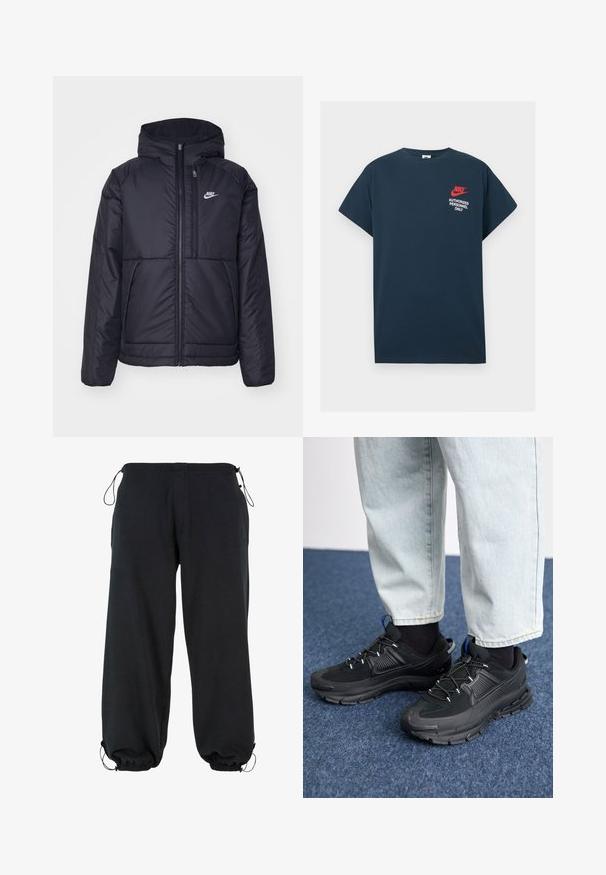 Fekete, párnázott Nike dzseki elülső cipzárral és kapucnival. A bal mellen fehér logó található, valamint két elülső zseb. Simának tűnő külső felület.; Sötétkék pamut póló rövid ujjakkal. Bal mellen piros Nike logó és fehér szöveg található: "CSAK ENGEDÉLYEZETT SZEMÉLYEK".; Fekete, puha anyagból készült melegítőnadrág, amely laza szabású, elasztikus mandzsettákkal és derékra húzható zsinórral rendelkezik, ami lehetővé teszi a méret állítását.; Fekete sportcipők texturált anyaggal és gumitalppal, elasztikus fűzőkkel és kék kiegészítővel a saroknál. Világos farmernadrággal viselve.