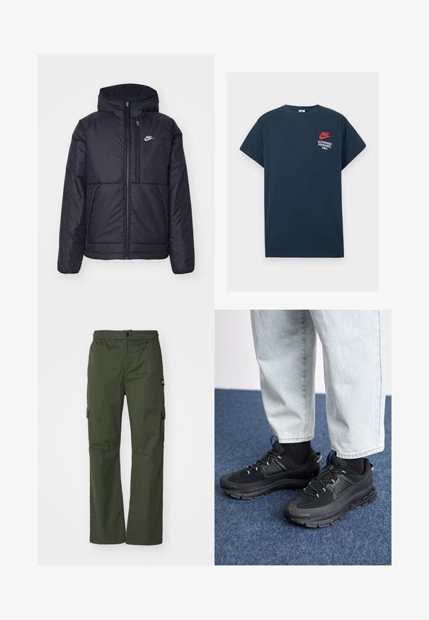 Casaco Nike preto, acolchoado, com fecho à frente e capuz. Apresenta um logo branco no lado esquerdo do peito e dois bolsos frontais. Textura exterior lisa.; T-shirt de algodão azul-marinho com mangas curtas. Apresenta um logótipo vermelho da Nike e texto branco "APENAS PESSOAL AUTORIZADO" no lado esquerdo do peito.; Calças cargo verde oliva com fecho de botão, cintura elástica e bolsos laterais, feitas de um tecido leve com uma textura suave.; Sapatilhas desportivas pretas com tecido texturizado e solas em borracha, apresentando atacadores elásticos e um detalhe azul no calcanhar. Usadas com calças de ganga claras.