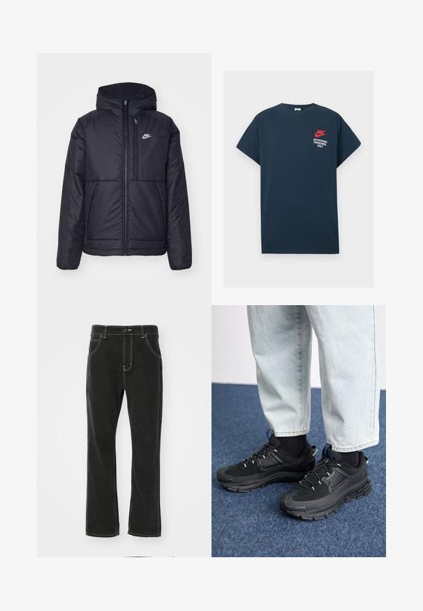 Crna Nike jakna s podstavom, dugmadi sprijeda i kapuljačom. Ima bijeli logotip na lijevoj strani prsnog koša i dva prednja džepa. Glatka vanjska tekstura.; Tamno plavi pamučni majica s kratkim rukavima. Sadrži crveni Nike logo i bijeli natpis "SAMO OBLASTI OSOBLJE" na lijevom prsnom dijelu.; Dickies HOUSTON - Traperice ravnih nogavica - black; Crne atletske cipele s teksturiranom tkaninom i gumene potplate, s elastičnim vezicama i plavim akcentom na peti. Nosene su s svijetlim trapericama.