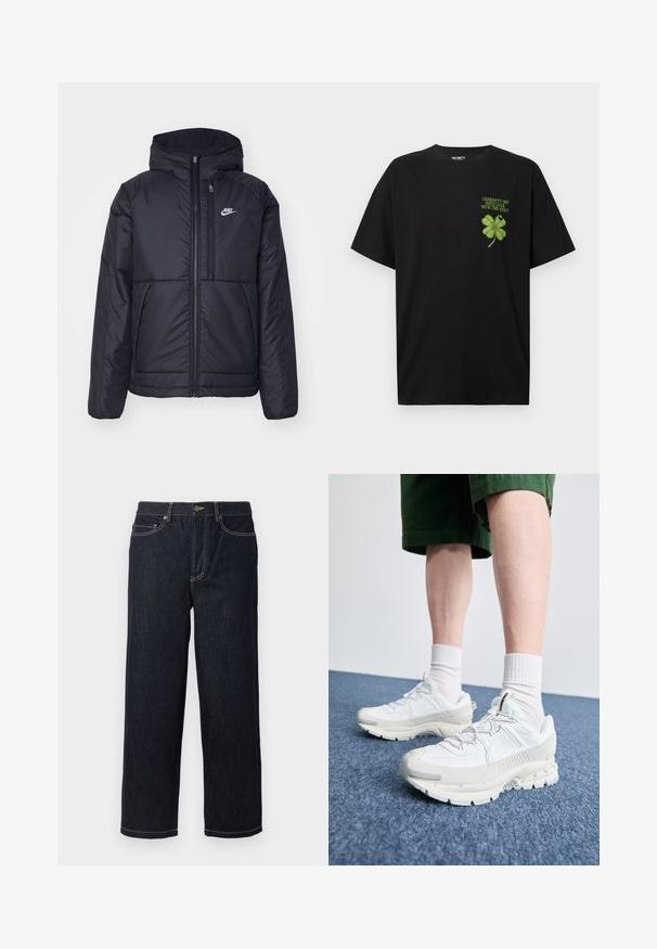 Must musta Nike jope, millel on ees lukuga avamine ja kapuuts. Vasakpoolne rind on kaunistatud valge logoga ning ees on kaks taskut. Sile välimine tekstuur.; Must musta t-särk, millel on roheline neljaleheline ristikheinaga graafika ja tekst "HEAD ÕNNE ÜLEJÄÄNUD" vasakul rinnapiiril.; Tumed sinised otsejalad denimhüppes viie tasku ja valge kontrastõmblusega, nupuga kinnitamine ja vöökohad.; Valged sportsijalatsid tekstuursete pealsete, kopsaka tallaga ja hallide aktsentidega. Kanda valgete lühikeste sokkidega ja roheliste lühikeste pükstega sinisel pinnal.