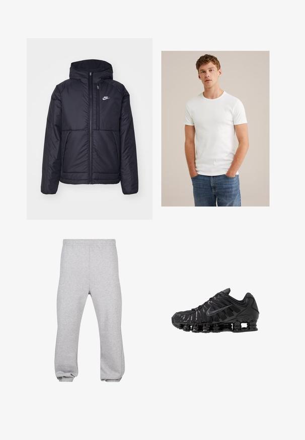 Fekete, párnázott Nike dzseki elülső cipzárral és kapucnival. A bal mellen fehér logó található, valamint két elülső zseb. Simának tűnő külső felület.; Fiatal férfi rövid, göndör hajjal, sima fehér, rövid ujjú pólóban és kék farmerben áll, kezét a zsebében tartva.; Szürke pamutkeverék sport nadrág, rugalmas derekú, tapered (keskenyített) lábakkal és szegővel ellátott nadrágszárral. Egyszerű dizájn, minták nélkül.; Fekete sportcipők hálós és szintetikus anyagból, jellegzetes hullámos mintával, fekete gumitalppal és fényvisszaverő elemekkel.