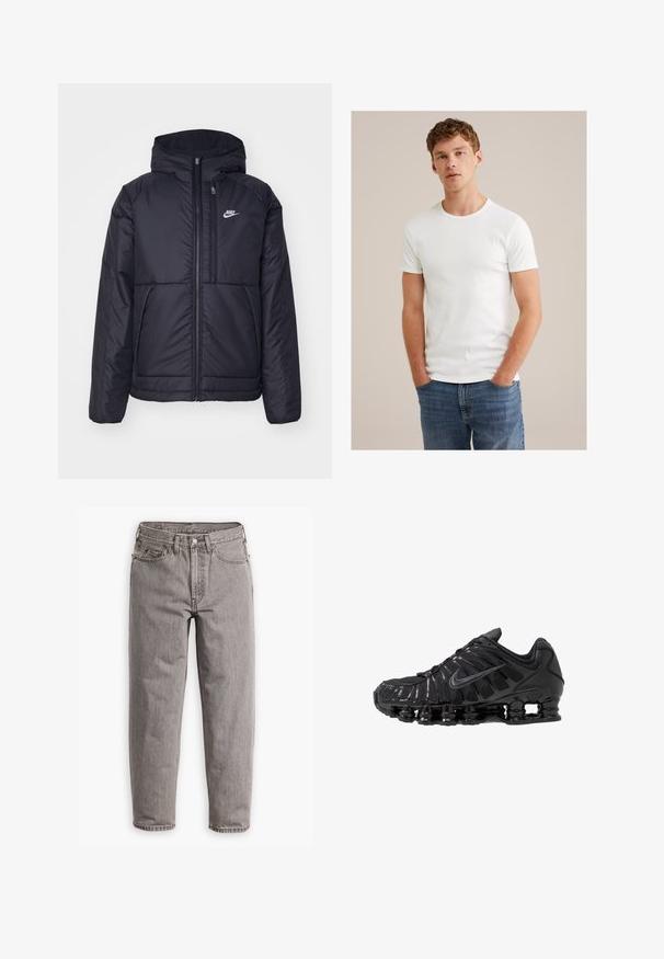 Musta, pehmustettu Nike-takki, jossa on etuvetoketju ja huppu. Vasemmassa rinnassa on valkoinen logo ja takissa on kaksinkertaiset etutaskut. Pintakoe on sileä.; Mies nuori, jolla on lyhyet kiharat hiukset, pukeutuneena yksinkertaiseen valkoiseen lyhythihaiseen t-paitaan ja sinisiin farkkuihin, seisoo kädet taskuissa.; Harmaan farkut, joissa on korkea vyötärö, suora lahje, hillitty haalistuminen, viisi taskua ja metallinen nappisuljenta.; Mustat urheilukengät, jotka on valmistettu verkkokankaasta ja synteettisistä materiaaleista. Niissä on erottuva aaltoileva kuvio, musta kumipohja ja heijastavia yksityiskohtia.