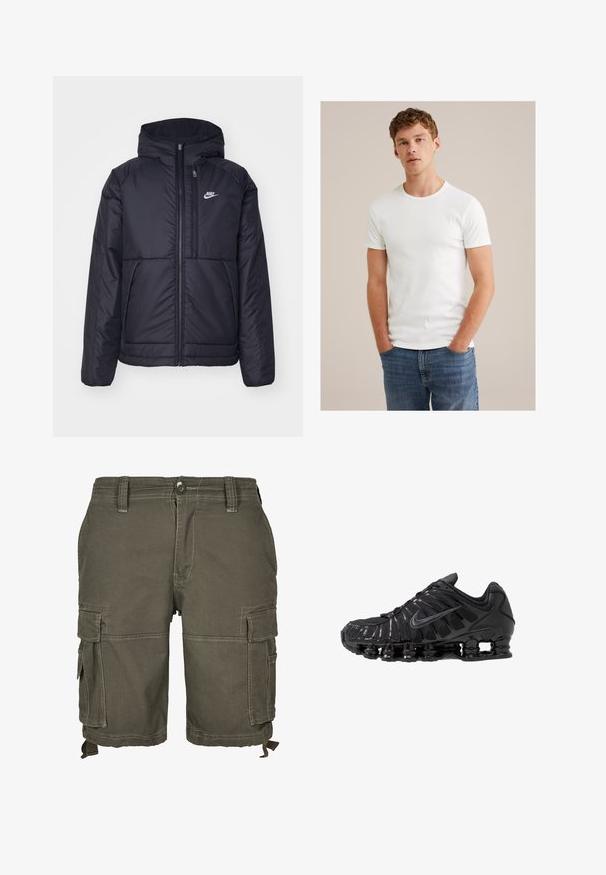 Juodas, paminkštintas Nike džemperis su priekyje užtrauktuku ir gobtuvu. Pasižymi balta logo kairėje krūtinės pusėje ir dviem priekinėmis kišenėmis. Su lygiu išoriniu paviršiumi.; Jaunas vyras su trumpais garbanotais plaukais, vilkintis paprastą baltą trumpomis rankovėmis marškinėlį ir mėlynus džinsus, stovi su rankomis kišenėse.; Tamsiai žali cargo šortai, pagaminti iš patvarios medžiagos, turi kelias šonines kišenes, diržo kilpas ir siūles, suteikiančias tekstūrą.; Juodi sportiniai bateliai iš tinklinio ir sintetinių medžiagų, su ryškiu banguotu dizainu, juodu guminės pado ir atspindinčiais elementais.