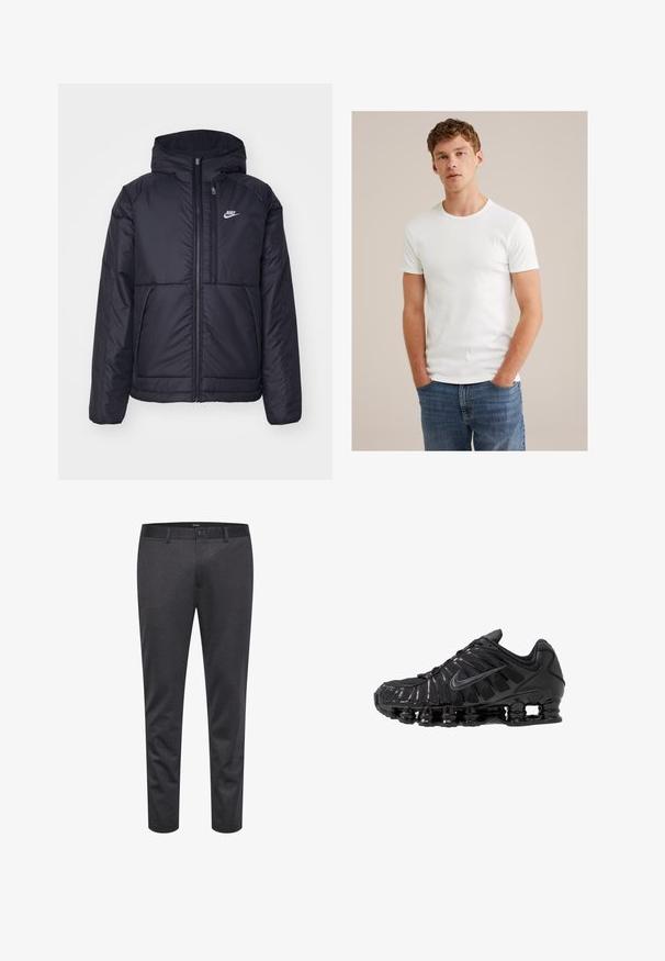 Juodas, paminkštintas Nike džemperis su priekyje užtrauktuku ir gobtuvu. Pasižymi balta logo kairėje krūtinės pusėje ir dviem priekinėmis kišenėmis. Su lygiu išoriniu paviršiumi.; Jaunas vyras su trumpais garbanotais plaukais, vilkintis paprastą baltą trumpomis rankovėmis marškinėlį ir mėlynus džinsus, stovi su rankomis kišenėse.; Pilki liesi tinka kelnės, pagamintos iš tekstūruoto audinio, su sagčių uždarymu, diržo kilpomis ir struktūrine siluetu su siaurėjančiomis kojomis.; Juodi sportiniai bateliai iš tinklinio ir sintetinių medžiagų, su ryškiu banguotu dizainu, juodu guminės pado ir atspindinčiais elementais.