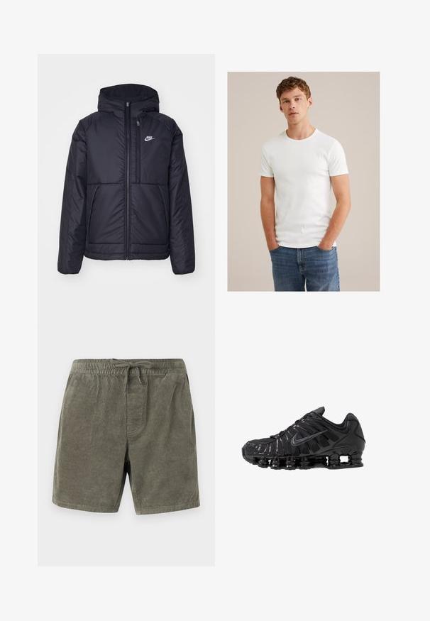 Giacca Nike nera, imbottita, con zip frontale e cappuccio. Presenta un logo bianco sul lato sinistro del petto e doppie tasche frontali. Texture esterna liscia.; Giovane uomo con capelli ricci corti che indossa una maglietta bianca a maniche corte e jeans blu, in piedi con le mani nelle tasche.; Pantaloni shorts in corduroy verde oliva, dotati di cintura elastica con cordoncino, rib di texture verticale e tasche laterali.; Scarpe sportive nere realizzate in mesh e materiali sintetici, caratterizzate da un design ondulato distintivo, suola in gomma nera e dettagli riflettenti.