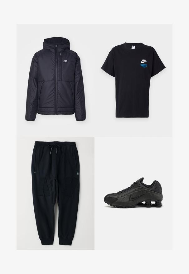 Schwarze, gepolsterte Nike-Jacke mit Frontreißverschluss und Kapuze. Hat ein weißes Logo auf der linken Brust und zwei Fronttaschen. Glattes äußeres Material.; Schwarzes Baumwoll-T-Shirt mit kurzen Ärmeln, das auf der Vorderseite ein weißes Nike-Logo und einen blauen Text "NUR FÜR BEFUGTES PERSONAL" zeigt.; Schwarze Jogginghose aus einem Baumwollmischgewebe. Sie verfügt über einen elastischen Bund mit Kordelzug, zwei Seitentaschen und strukturierte Panelakzente.; Schwarze Laufschuhe mit einem glatten synthetischen Obermaterial, durchbrochenen Akzenten, strukturierten Seitenpaneelen und einer ausgeprägten federnden Sohle.