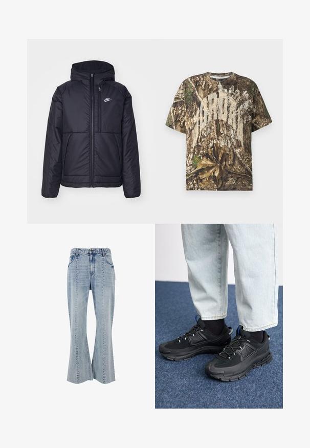 Fekete, párnázott Nike dzseki elülső cipzárral és kapucnival. A bal mellen fehér logó található, valamint két elülső zseb. Simának tűnő külső felület.; Rövid ujjú póló, realisztikus fák kérgét és leveleit ábrázoló kamuflázs mintával, nagy, elhalványodott fehér felirattal a mellkason.; Világoskék farmer, trapéz szabású nadrág, elülső zseb részletekkel, látható varrással és övhurkokkal ellátott derékrész. Klasszikus öt zsebes kialakítás.; Fekete sportcipők texturált anyaggal és gumitalppal, elasztikus fűzőkkel és kék kiegészítővel a saroknál. Világos farmernadrággal viselve.
