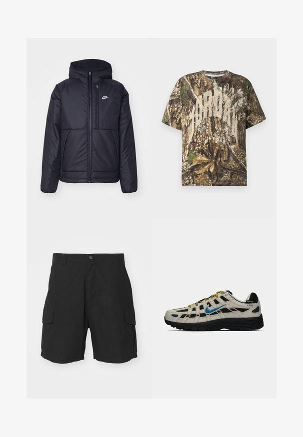 Crna Nike jakna s podstavom, dugmadi sprijeda i kapuljačom. Ima bijeli logotip na lijevoj strani prsnog koša i dva prednja džepa. Glatka vanjska tekstura.; Majica s kratkim rukavima s realističnim uzorkom kamuflaže drvne kore i lišća te velikim blijedim bijelim natpisom preko grudi.; Crne cargo kratke hlače od lagane tkanine, s dva bočna džepa, kopčanjem na gumb i slobodnim krojem do sredine bedara.; Bež i crne Nike P-6000 tenisice s plavim swooshom, žutim čipkastim vezicama, crnim đonom i Cordura tkaninom na peti.