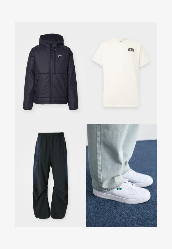 Svart, vadderad Nike-jacka med dragkedja framtill och huva. Har en vit logotyp på vänster bröst och dubbla framfickor. Slät yttextur.; Krämm färgad bomulls t-shirt med kort ärm, med "NIKE SB" i svart och röd text på bröstet. Standard rund halsringning.; Svarta utomhusbyxor med en avslappnad passform, med elastisk midja, marinblå sidor och dragkedjefickor på båda sidor.; Vita lädersneakers med grön Nike-logga, rund tå, platt sula, kombinerade med ljusblå denimbyxor, visade på en blå matta.