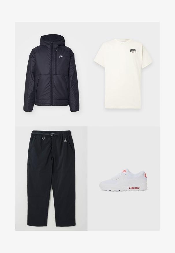 Melna, pufota Nike jaka ar priekšējo rāvējslēdzēju un kapuci. Iezīmēta ar baltu logotipu uz kreisās krūtis un divām priekšējām kabatām. Gluda ārējā tekstūra.; Kremkrāsas kokvilnas T-krekls ar īsām piedurknēm, ar uzrakstu "NIKE SB" melnā un sarkanā krāsā uz krūtīm. Standarta apaļa apkakle.; Melnas brīvdabas bikses, izgatavotas no viegla materiāla, ar elastīgu jostu un jostu, divām sānu kabatām un smalku logo detaļu.; Baltas sporta apavi ar gludu augšdaļu, saitēm, mīkstu zoli un redzamu gaisa vienību ar sarkaniem akcentiem uz zīmola.