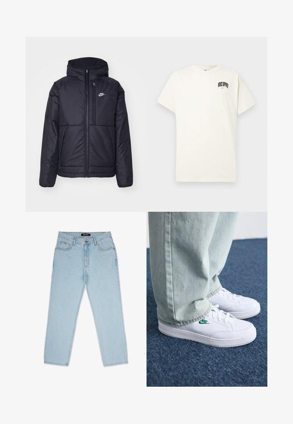 Juodas, paminkštintas Nike džemperis su priekyje užtrauktuku ir gobtuvu. Pasižymi balta logo kairėje krūtinės pusėje ir dviem priekinėmis kišenėmis. Su lygiu išoriniu paviršiumi.; Kremo spalvos medvilninis marškinėlis trumpomis rankovėmis, su "NIKE SB" juodu ir raudonu tekstu ant krūtinės. Standartinė apvali iškirptė.; Šviesiai mėlynos džinsinės kelnės tiesaus kirpimo, su sagčių ir užtrauktuko uždarymu, diržo kilpelėmis ir dviem priekiniais kišenėmis.; Balti odiniai sportbačiai su žaliu Nike logotipu, apvalia nosimi, plokščiu padu, derinami su šviesiai mėlynomis džinsinėmis kelnėmis, rodomi ant mėlynos kiliminės dangos.