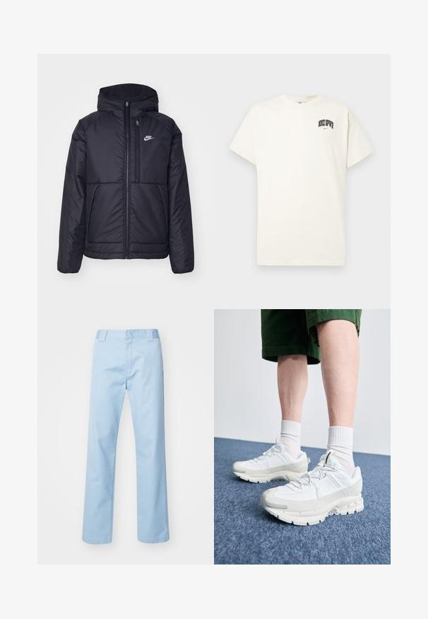 Schwarze, gepolsterte Nike-Jacke mit Frontreißverschluss und Kapuze. Hat ein weißes Logo auf der linken Brust und zwei Fronttaschen. Glattes äußeres Material.; Cremfarbens Baumwoll-T-Shirt mit kurzen Ärmeln, das "NIKE SB" in schwarzem und rotem Text auf der Brust zeigt. Klassischer Rundhalsausschnitt.; Helleblau geradlinige Hose aus Baumwollmischgewebe. Verfügt über einen flachen Bund, Seitentaschen und keine sichtbaren Muster oder Verzierungen.; Weiße Sportschuhe mit strukturierten Überzügen, einer dicken Sohle und grauen Akzenten. Tragen mit weißen Crew-Socken und grünen Shorts auf einer blauen Oberfläche.