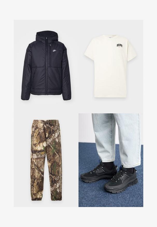 Melna, pufota Nike jaka ar priekšējo rāvējslēdzēju un kapuci. Iezīmēta ar baltu logotipu uz kreisās krūtis un divām priekšējām kabatām. Gluda ārējā tekstūra.; Kremkrāsas kokvilnas T-krekls ar īsām piedurknēm, ar uzrakstu "NIKE SB" melnā un sarkanā krāsā uz krūtīm. Standarta apaļa apkakle.; Kleiti ar kamuflāžas rakstu brūnā un zaļā krāsā, ar elastīgu jostu ar auklu un elastīgiem aproces pie potītēm.; Melni sporta apavi ar strukturētu audumu un gumijas zoli, ar elastīgām auklām un zilu akcentu uz papēža. Nēsāti ar gaišām džinsu biksēm.