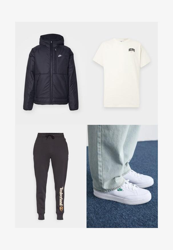 Črna, podložena Nike jakna z sprednjim zadrgo in kapuco. Ima bel logo na levem prsnem delu in dvojna sprednja žepa. Gladka zunanja tekstura.; Kremasta bombažna majica s kratkimi rokavi, z natisnjenim napisom "NIKE SB" v črni in rdeči barvi na prsih. Standardni okrogli izrez.; Črne trenirke iz mehkega materiala, opremljene z elastičnim pasom z vrvico, zoženimi hlačnicami in natisnjeno "Timberland" logotipom v svetlo bež barvi.; Bela usnjena športna obutev z zelenim Nike logotipom, okrogla konica, ravna podplat, v kombinaciji z svetlo modrimi kavbojkami, prikazana na modrem preprogu.