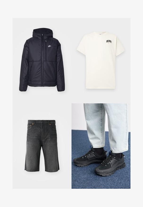 Schwarze, gepolsterte Nike-Jacke mit Frontreißverschluss und Kapuze. Hat ein weißes Logo auf der linken Brust und zwei Fronttaschen. Glattes äußeres Material.; Cremfarbens Baumwoll-T-Shirt mit kurzen Ärmeln, das "NIKE SB" in schwarzem und rotem Text auf der Brust zeigt. Klassischer Rundhalsausschnitt.; Dunkelgraue Denim-Shorts mit geradem Schnitt, fünf Taschen und orangefarbenen Nähten auf der Vorderseite. Sauberer Saumabschluß an den Bündchen.; Schwarze Sportschuhe aus strukturiertem Stoff mit Gummisohlen, ausgestattet mit elastischen Schnürsenkeln und einem blauen Akzent an der Ferse. Getragen mit hellen Jeans.