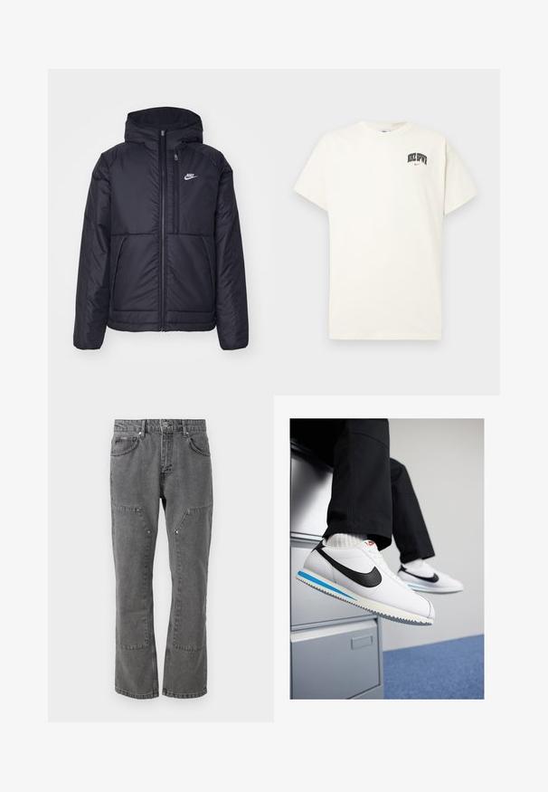 Crna Nike jakna s podstavom, dugmadi sprijeda i kapuljačom. Ima bijeli logotip na lijevoj strani prsnog koša i dva prednja džepa. Glatka vanjska tekstura.; Pamučni majica boje kreme s kratkim rukavima, na prsima ima natpis "NIKE SB" u crnoj i crvenoj boji. Standardni okrugli izrez.; Sive traperice s ravnim nogavicama, koje imaju prednje džepove, kopče na nogavicama i čistu, neizlizanu teksturu.; Bijele kožne tenisice s crnim Nike logotipom, svijetloplavi i sivi gumeni potplat te klasičan dizajn vezanja. Noge su naslonjene na ormar.
