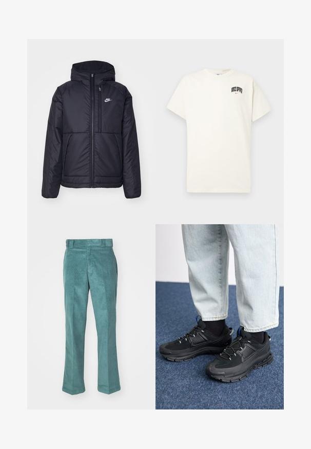 Črna, podložena Nike jakna z sprednjim zadrgo in kapuco. Ima bel logo na levem prsnem delu in dvojna sprednja žepa. Gladka zunanja tekstura.; Kremasta bombažna majica s kratkimi rokavi, z natisnjenim napisom "NIKE SB" v črni in rdeči barvi na prsih. Standardni okrogli izrez.; Hladne kordne hlače z ravnim zgornjim delom, ki imajo gladko teksturo, zanko za pas in stranske žepke. Brez vidnih vzorcev ali kovinskih delov.; Črne športne čevlje z teksturirano tkanino in gumijastimi podplati, ki imajo elastične vezalke ter modre poudarke na peti. Nosi se z lahkimi denim hlačami.