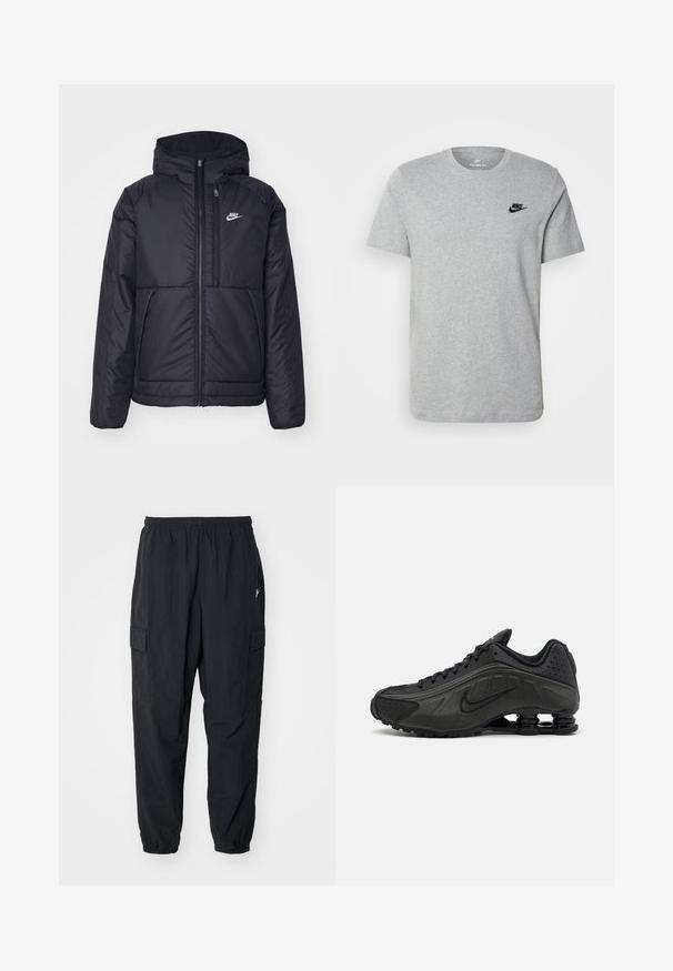 Črna, podložena Nike jakna z sprednjim zadrgo in kapuco. Ima bel logo na levem prsnem delu in dvojna sprednja žepa. Gladka zunanja tekstura.; Siv majica s kratkimi rokavi iz bombaža, ki ima črni Nike logotip na prsih in okroglo ovratnico. Minimalističen dizajn brez vzorcev.; Črne cargo hlače, izdelane iz lahkega materiala, z elastičnim pasom, stranskimi žepi in sproščenim krojem z elastičnimi manšetami.; Črne tekalne čevlje z gladkim sintetičnim zgornjim delom, perforiranimi poudarki, teksturiranimi stranskimi paneli in edinstvenim elastičnim podplatom.