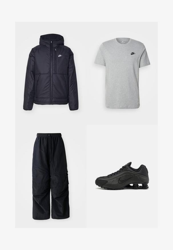 Crna Nike jakna s podstavom, dugmadi sprijeda i kapuljačom. Ima bijeli logotip na lijevoj strani prsnog koša i dva prednja džepa. Glatka vanjska tekstura.; Siva kratka majica s kratkim rukavima od pamuka, s crnim Nike logotipom na prsima i okruglim izrezom. Minimalistički dizajn bez uzoraka.; Crne lagane najlonke s elastičnim pojasom, podesivom vezicom i višeslojnim džepovima na nogama.; Crne trkačke cipele s glatkim sintetičkim gornjim dijelom, perforiranim detaljima, teksturiranim bočnim panelima i karakterističnim elastičnim potplatom.