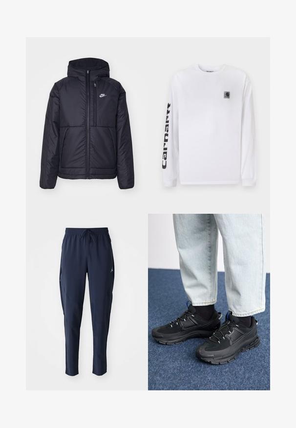 Juodas, paminkštintas Nike džemperis su priekyje užtrauktuku ir gobtuvu. Pasižymi balta logo kairėje krūtinės pusėje ir dviem priekinėmis kišenėmis. Su lygiu išoriniu paviršiumi.; Balti medvilninė marškinėlių su ilgomis rankovėmis, krūtinės srityje mažas juodas logotipo lipdukas ir drąsus juodas tekstas kairės rankovės ilgis.; Jūriniai sportiniai džinsai pagaminti iš lengvos medžiagos. Yra elastinga juosmens dalis su raišteliu, šoninės kišenės ir siaurėjančios kojos.; Juodi sportiniai bateliai su tekstūruota medžiaga ir guminiais padais, su elastingomis raišteliais ir mėlynu akcentu ant kulno. Dėvimi su šviesiai mėlynomis džinsinėmis kelnėmis.