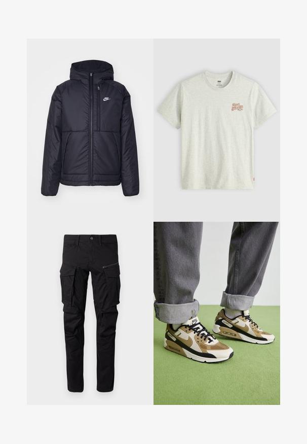 Casaco Nike preto, acolchoado, com fecho à frente e capuz. Apresenta um logo branco no lado esquerdo do peito e dois bolsos frontais. Textura exterior lisa.; T-shirt de algodão cinza claro com um pequeno logótipo castanho-avermelhado "Levi Strauss & Co." no lado esquerdo do peito, com um clássico decote redondo e mangas curtas.; Calças cargo pretas feitas de um tecido durável, com múltiplos bolsos laterais, um bolso com fecho éclair, pernas ajustadas e costuras reforçadas.; Sapatilhas Nike Air Max 90 em bege e preto, com materiais em malha e couro, almofada visível e atacadores pretos.
