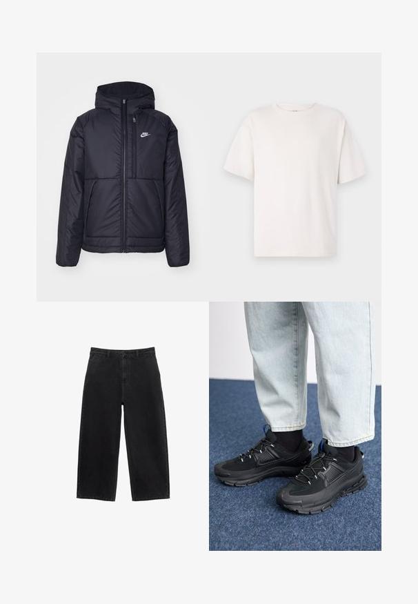 Črna, podložena Nike jakna z sprednjim zadrgo in kapuco. Ima bel logo na levem prsnem delu in dvojna sprednja žepa. Gladka zunanja tekstura.; Bela kratka majica s kratkimi rokavi iz mehkega bombaža. Ima okroglo ovratnico in sproščen kroj. Gladka tekstura brez vzorcev ali dodatkov.; Črne široke hlače iz denima z visokim pasom, z sprednjim gumbom in standardnimi žepi. Gladka tekstura in čiste linije.; Črne športne čevlje z teksturirano tkanino in gumijastimi podplati, ki imajo elastične vezalke ter modre poudarke na peti. Nosi se z lahkimi denim hlačami.