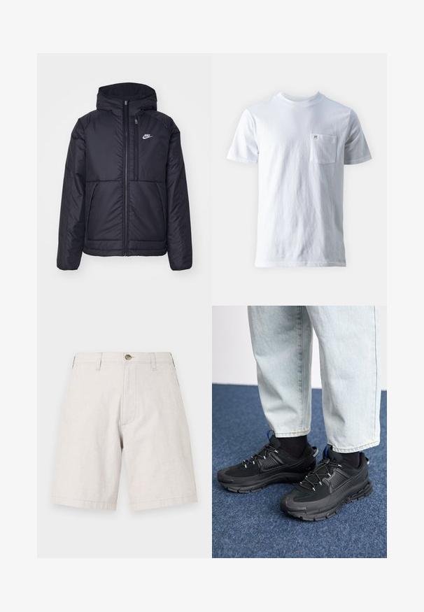 Casaco Nike preto, acolchoado, com fecho à frente e capuz. Apresenta um logo branco no lado esquerdo do peito e dois bolsos frontais. Textura exterior lisa.; Camisa de algodão branca com decote redondo, mangas curtas e um bolso no peito esquerdo, com um pequeno logotipo no bolso. Textura suave.; Calções beje claros feitos de um tecido texturizado, com fecho de botão, passantes para cinto e corte reto. Sem bolsos visíveis.; Sapatilhas desportivas pretas com tecido texturizado e solas em borracha, apresentando atacadores elásticos e um detalhe azul no calcanhar. Usadas com calças de ganga claras.