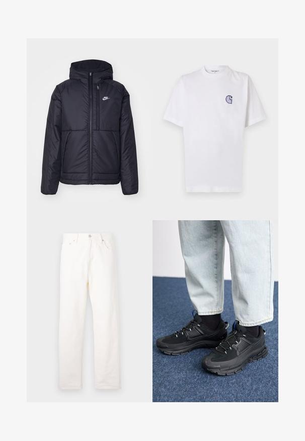 Schwarze, gepolsterte Nike-Jacke mit Frontreißverschluss und Kapuze. Hat ein weißes Logo auf der linken Brust und zwei Fronttaschen. Glattes äußeres Material.; Weißes Baumwoll-T-Shirt mit kurzen Ärmeln, rundem Halsausschnitt und einem kleinen, gestickten blauen "C"-Logo auf der linken Brustseite.; Weiße Denim-Jeans mit geradem Bein, ausgestattet mit Vordertaschen, Metallknopfverschluss und klassischen Nähten.; Schwarze Sportschuhe aus strukturiertem Stoff mit Gummisohlen, ausgestattet mit elastischen Schnürsenkeln und einem blauen Akzent an der Ferse. Getragen mit hellen Jeans.