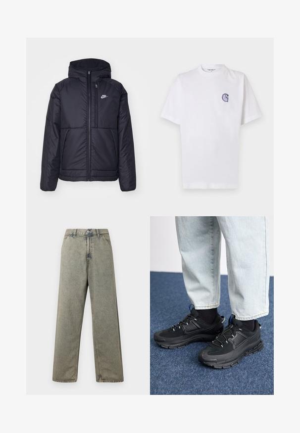 Svart, polstret Nike-jakke med frontglidelås og hette. Har en hvit logo på venstre bryst og doble frontlommer. Glatt ytterside.; Hvit bomulls-T-skjorte med korte ermer, rund hals og en liten, brodert blå "C"-logo på venstre brystområde.; Vide bened jeans i en falmet gråfarge, med knappestolpe og tradisjonell fem-lommers design med synlige sømdetaljer.; Svarte sportssko med teksturert stoff og gummisåler, med elastiske lisser og en blå detalj på hælen. Brukt med lyse denimbukser.