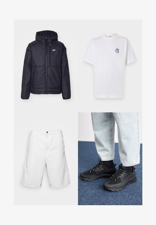 Black, padded Nike jacket with a front zipper and hood. Features a white logo on the left chest and dual front pockets. Smooth exterior texture.; White cotton t-shirt with short sleeves, round neckline, and a small, embroidered blue "C" logo on the left chest area.; White cotton shorts with a straight cut, featuring a button closure and belt loops, smooth texture, and knee-length design.; Black athletic shoes with textured fabric and rubber soles, featuring elastic laces and a blue accent on the heel. Worn with light denim pants.