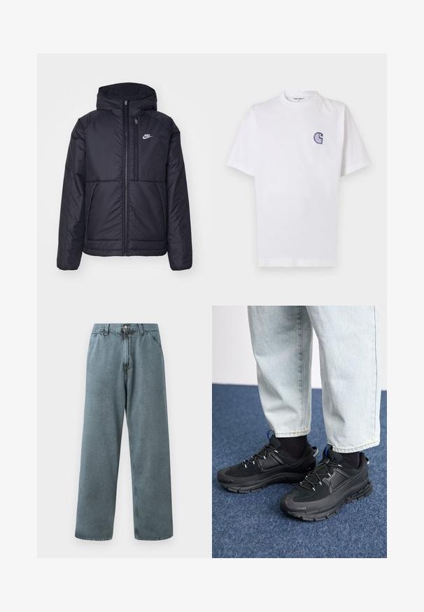 Casaco Nike preto, acolchoado, com fecho à frente e capuz. Apresenta um logo branco no lado esquerdo do peito e dois bolsos frontais. Textura exterior lisa.; T-shirt branca de algodão com mangas curtas, decote redondo e um pequeno logotipo azul "C" bordado no lado esquerdo do peito.; Calças de denim azul claro com um corte de perna reta, com fecho de botão clássico e design de cinco bolsos. Textura suave e detalhes de costura mínimos.; Sapatilhas desportivas pretas com tecido texturizado e solas em borracha, apresentando atacadores elásticos e um detalhe azul no calcanhar. Usadas com calças de ganga claras.