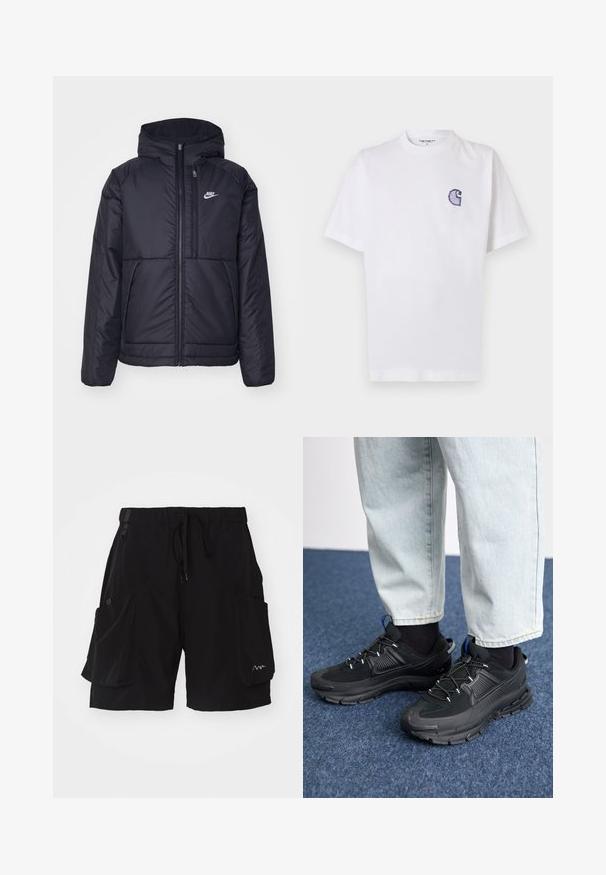 Schwarze, gepolsterte Nike-Jacke mit Frontreißverschluss und Kapuze. Hat ein weißes Logo auf der linken Brust und zwei Fronttaschen. Glattes äußeres Material.; Weißes Baumwoll-T-Shirt mit kurzen Ärmeln, rundem Halsausschnitt und einem kleinen, gestickten blauen "C"-Logo auf der linken Brustseite.; Schwarze Cargo-Shorts aus leichtem Material, ausgestattet mit einem elastischen Bund mit Kordelzug, mehreren Seitentaschen und einem Logo-Akzent.; Schwarze Sportschuhe aus strukturiertem Stoff mit Gummisohlen, ausgestattet mit elastischen Schnürsenkeln und einem blauen Akzent an der Ferse. Getragen mit hellen Jeans.