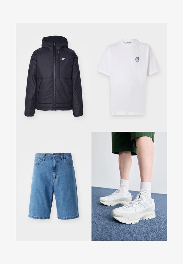 Černá zateplená bunda Nike s předním zipem a kapucí. Na levé straně hrudi má bílé logo a dvojité přední kapsy. Hladký povrch.; Bílé bavlněné tričko s krátkými rukávy, kulatým výstřihem a malým vyšitým modrým logem "C" na levé části hrudi.; Modré denimové kraťasy s uvolněným střihem, pasem s poutky na opasek, předním zapínáním na knoflík a ohrnutými lemy. Bez viditelných vzorů nebo akcentů.; Bílé sportovní boty s texturovanými překryvy, masivní podrážkou a šedými akcenty. Na nohou mají bílé ponožky a zelené šortky na modrém povrchu.