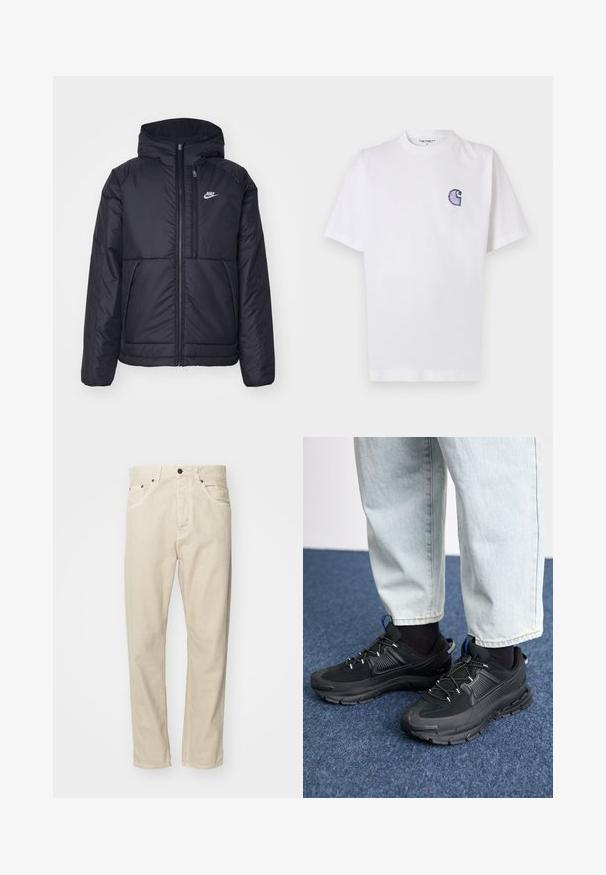 Musta, pehmustettu Nike-takki, jossa on etuvetoketju ja huppu. Vasemmassa rinnassa on valkoinen logo ja takissa on kaksinkertaiset etutaskut. Pintakoe on sileä.; Valkoinen puuvillainen lyhythihainen T-paita, jossa pyöreä kaula-aukko ja vasemmassa rinnassa pieni, kirjailtu sininen "C"-logo.; Beige, puuvillaiset housut suoralla lahkeella, viisi taskua ja metalliset yksityiskohdat. Sileä pinta, jossa on minimaalinen ompelu.; Mustat urheilukengät, joissa on teksturoitu kangas ja kumipohjat, elastiset nauhat ja sininen yksityiskohta kannassa. Yhdistetty vaaleisiin farkkuihin.