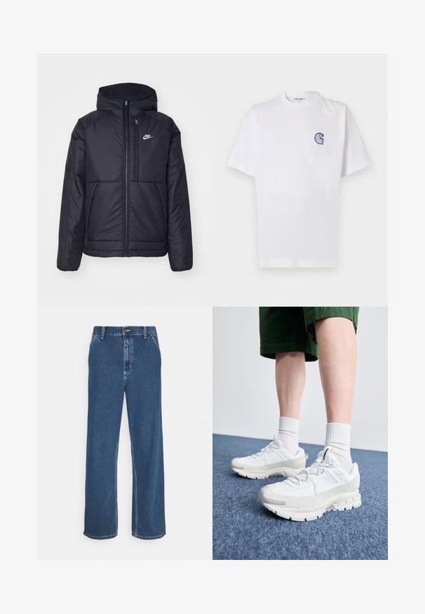 Must musta Nike jope, millel on ees lukuga avamine ja kapuuts. Vasakpoolne rind on kaunistatud valge logoga ning ees on kaks taskut. Sile välimine tekstuur.; Valge puuvillane t-särk lühikeste varrukatega, ümara kaelusega ja vasakul rinnal väike tikitud sinine "C" logo.; Sinine teksapüksid sirge lõike, viie tasku disaini, metallnõela sulgemise ja nähtava nõelumisega õmbluste ja servade ääres.; Valged sportsijalatsid tekstuursete pealsete, kopsaka tallaga ja hallide aktsentidega. Kanda valgete lühikeste sokkidega ja roheliste lühikeste pükstega sinisel pinnal.