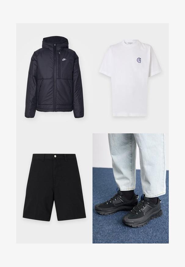 Zwarte, gewatteerde Nike-jas met een voorkant met ritssluiting en capuchon. Kenmerkt zich door een wit logo op de linkerborst en dubbele frontzakken. Gladde buitenkant.; Wit katoenen T-shirt met korte mouwen, ronde hals en een klein, geborduurd blauw "C"-logo op het linker borstgebied.; Zwarte katoenen shorts met een tailleband met een zilveren knoop, rechte pijpen en minimale stikseldetails voor een nette uitstraling.; Zwarte sportschoenen met gestructureerde stof en rubberen zolen, met elastische veters en een blauwe accent op de hiel. Draag samen met lichte spijkerbroeken.