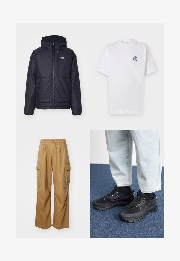 Casaco Nike preto, acolchoado, com fecho à frente e capuz. Apresenta um logo branco no lado esquerdo do peito e dois bolsos frontais. Textura exterior lisa.; T-shirt branca de algodão com mangas curtas, decote redondo e um pequeno logotipo azul "C" bordado no lado esquerdo do peito.; Calças cargo em tom bege com um design de perna reta, apresentando dois bolsos laterais e um fecho de botão. Feitas de um tecido suave e durável.; Sapatilhas desportivas pretas com tecido texturizado e solas em borracha, apresentando atacadores elásticos e um detalhe azul no calcanhar. Usadas com calças de ganga claras.