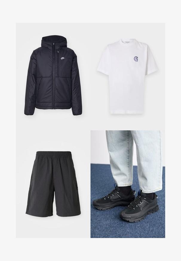 Sort, polstret Nike-jakke med frontlynlås og hætte. Har et hvidt logo på venstre bryst og to frontlommer. Glat ydre tekstur.; Hvid bomuld t-shirt med korte ærmer, rund halsudskæring og et lille, broderet blåt "C"-logo på venstre side af brystet.; Sorte shorts med en struktureret, ribbet design, elastisk talje og to sidelommer. Casual stil, længde over knæet.; Sorte træningssko med tekstureret stof og gummisåler, udstyret med elastiske snørebånd og en blå detalje på hælen. Bæres med lyse denimbukser.