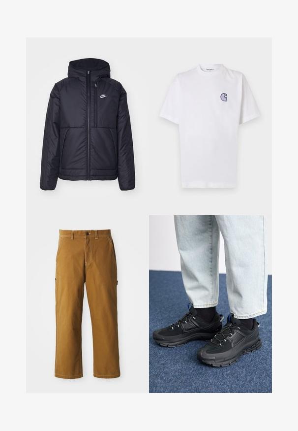 Sort, polstret Nike-jakke med frontlynlås og hætte. Har et hvidt logo på venstre bryst og to frontlommer. Glat ydre tekstur.; Hvid bomuld t-shirt med korte ærmer, rund halsudskæring og et lille, broderet blåt "C"-logo på venstre side af brystet.; Brune bomuldsbukser med lige pasform, forstærkede sømme og sidelommer. Har en knaplukning og bæltestropper i taljen.; Sorte træningssko med tekstureret stof og gummisåler, udstyret med elastiske snørebånd og en blå detalje på hælen. Bæres med lyse denimbukser.