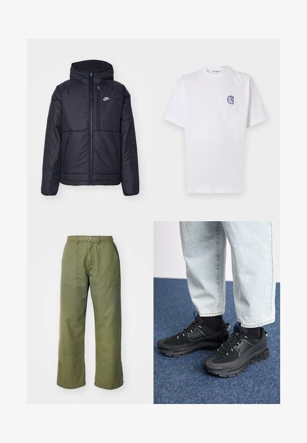 Black, padded Nike jacket with a front zipper and hood. Features a white logo on the left chest and dual front pockets. Smooth exterior texture.; White cotton t-shirt with short sleeves, round neckline, and a small, embroidered blue "C" logo on the left chest area.; Olive green wide-leg pants made of sturdy fabric, featuring a zipper fly, front pockets, and simple stitching details.; Black athletic shoes with textured fabric and rubber soles, featuring elastic laces and a blue accent on the heel. Worn with light denim pants.