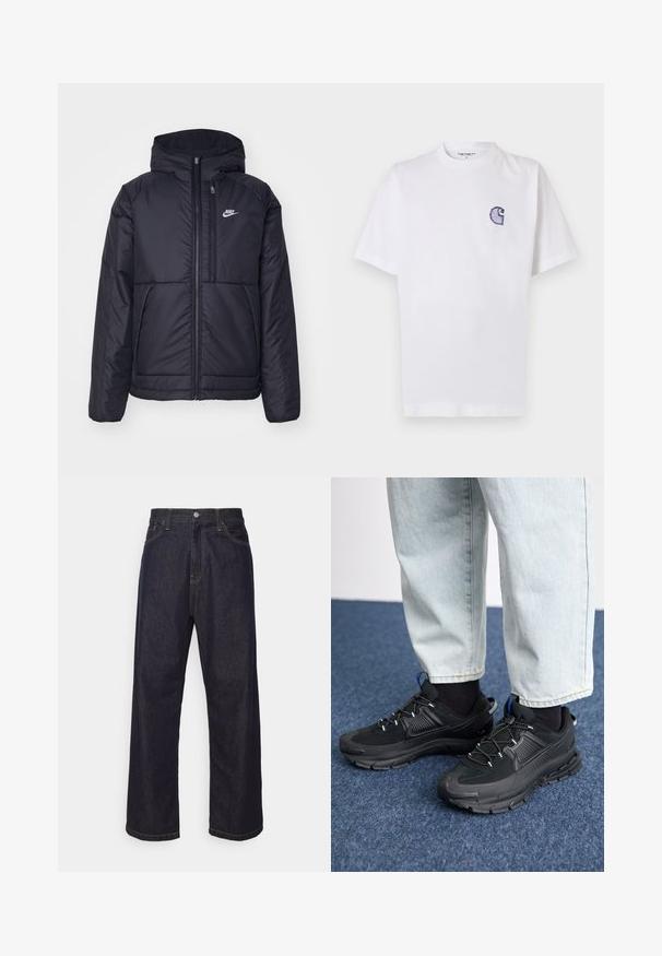 Jachetă Nike neagră, căptușită, cu fermoar pe față și glugă. Prezintă un logo alb pe pieptul stâng și două buzunare frontale. Textură exterioară netedă.; Tricou alb din bumbac, cu mâneci scurte, guler rotund și un mic logo brodat albastru "C" pe partea stângă a pieptului.; Jeans din denim albastru închis, cu croială dreaptă, cusături galbene, nasture frontal, fermoar și design cu cinci buzunare.; Pantofi sport negri, cu țesătură texturată și tălpi din cauciuc, având șireturi elastice și un accent albastru pe toc. Purtați cu pantaloni din denim deschis.