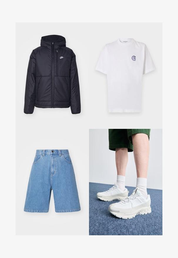 Veste Nike noire rembourrée avec une fermeture éclair sur le devant et une capuche. Elle présente un logo blanc sur la poitrine gauche et deux poches avant. Texture extérieure lisse.; T-shirt blanc en coton à manches courtes, col rond, avec un petit logo "C" bleu brodé sur la poitrine gauche.; Shorts en denim bleu clair avec une coupe décontractée, taille haute, design à cinq poches et décoloration subtile. Comprend une fermeture à bouton et des passants de ceinture.; Des chaussures de sport blanches avec des superpositions texturées, une semelle épaisse et des accents gris. Portées avec des chaussettes blanches et des shorts verts sur une surface bleue.