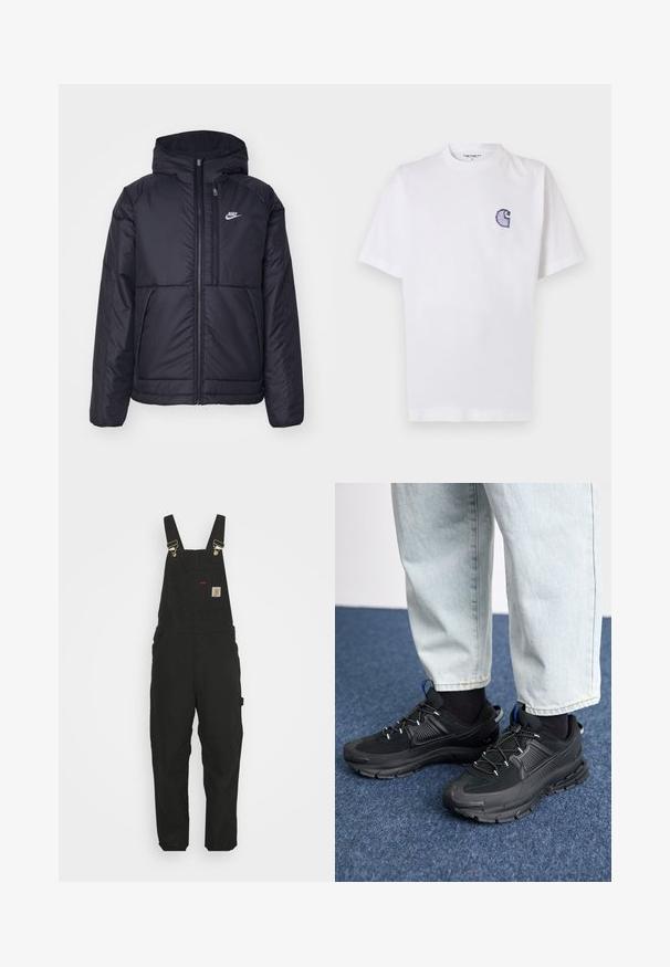 Black, padded Nike jacket with a front zipper and hood. Features a white logo on the left chest and dual front pockets. Smooth exterior texture.; White cotton t-shirt with short sleeves, round neckline, and a small, embroidered blue "C" logo on the left chest area.; Black cotton overalls featuring adjustable straps, a front pocket with logo patch, and two side pockets with a relaxed fit.; Black athletic shoes with textured fabric and rubber soles, featuring elastic laces and a blue accent on the heel. Worn with light denim pants.